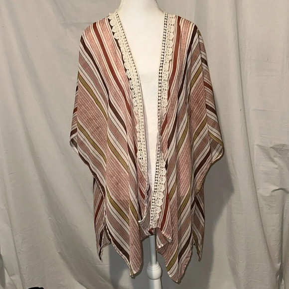 rusty red, cream, brown, green striped Jolt open cardigan / kimono size medium - Picture 1 of 3